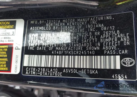 2012 Toyota Camry Xle from USA, damaged, VIN 4T4BF1FK5CR245140